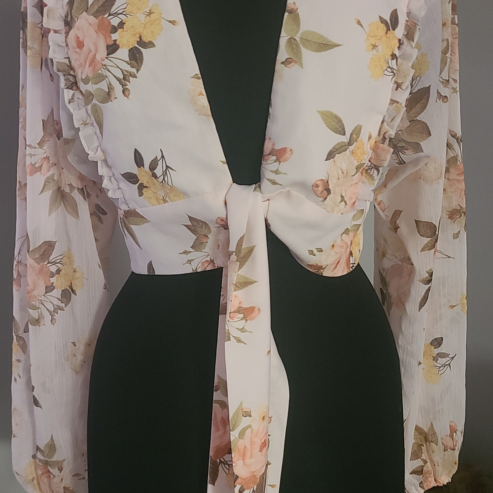 Cream and Yellow Ruffled Tie-Front Blouse